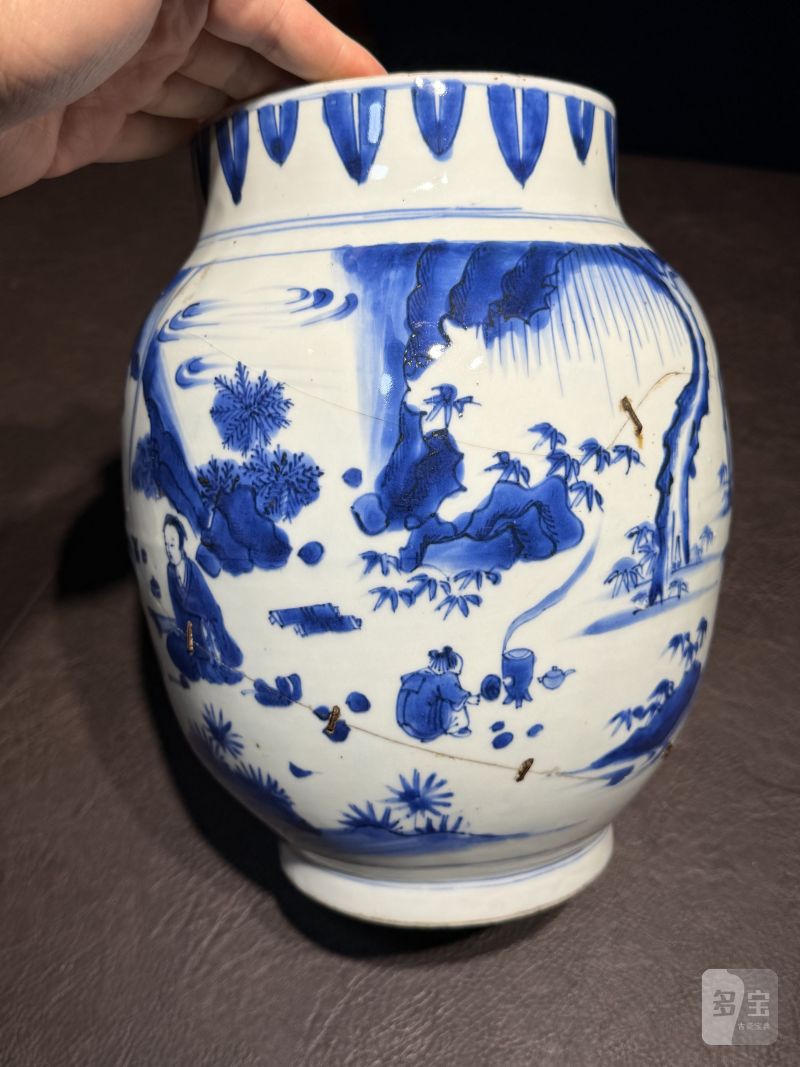 明崇祯 青花高士图莲子罐 - 图6